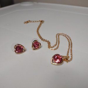 Very Cute Gold Tone Heart Necklace And Earring Set With Pink Stones